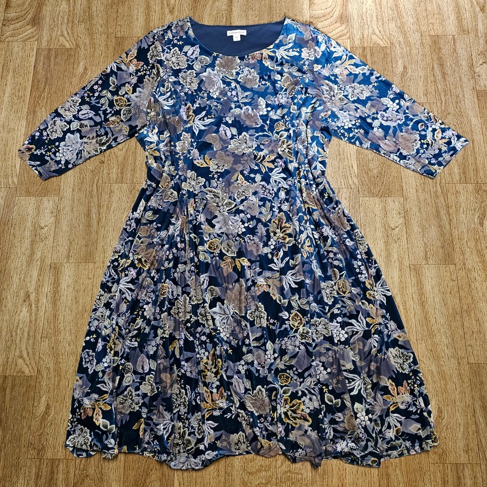 Coldwater Creek 3X Burnout Velvet Navy Floral Dress Cottagecore Witchy Fairy